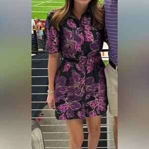 Floral Purple & Black Shiny Mini Dress